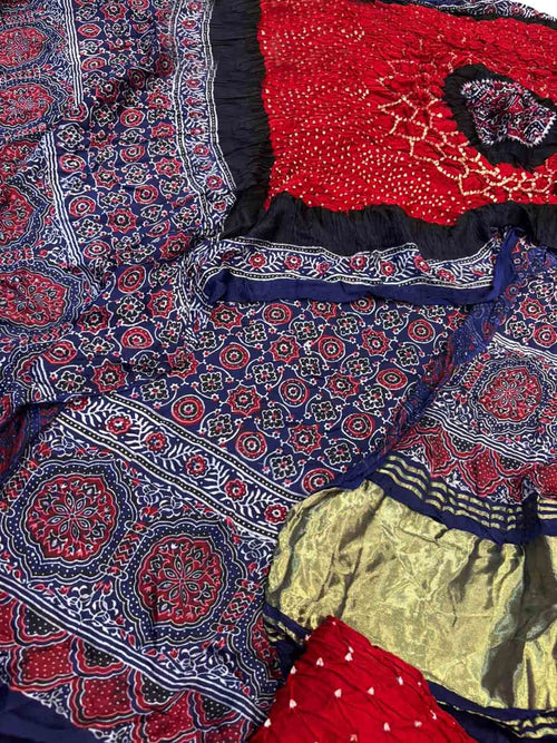Red Ajrakh Modal Silk Suit With Hand Bandhej Dupatta And Bottom - Luxurion World