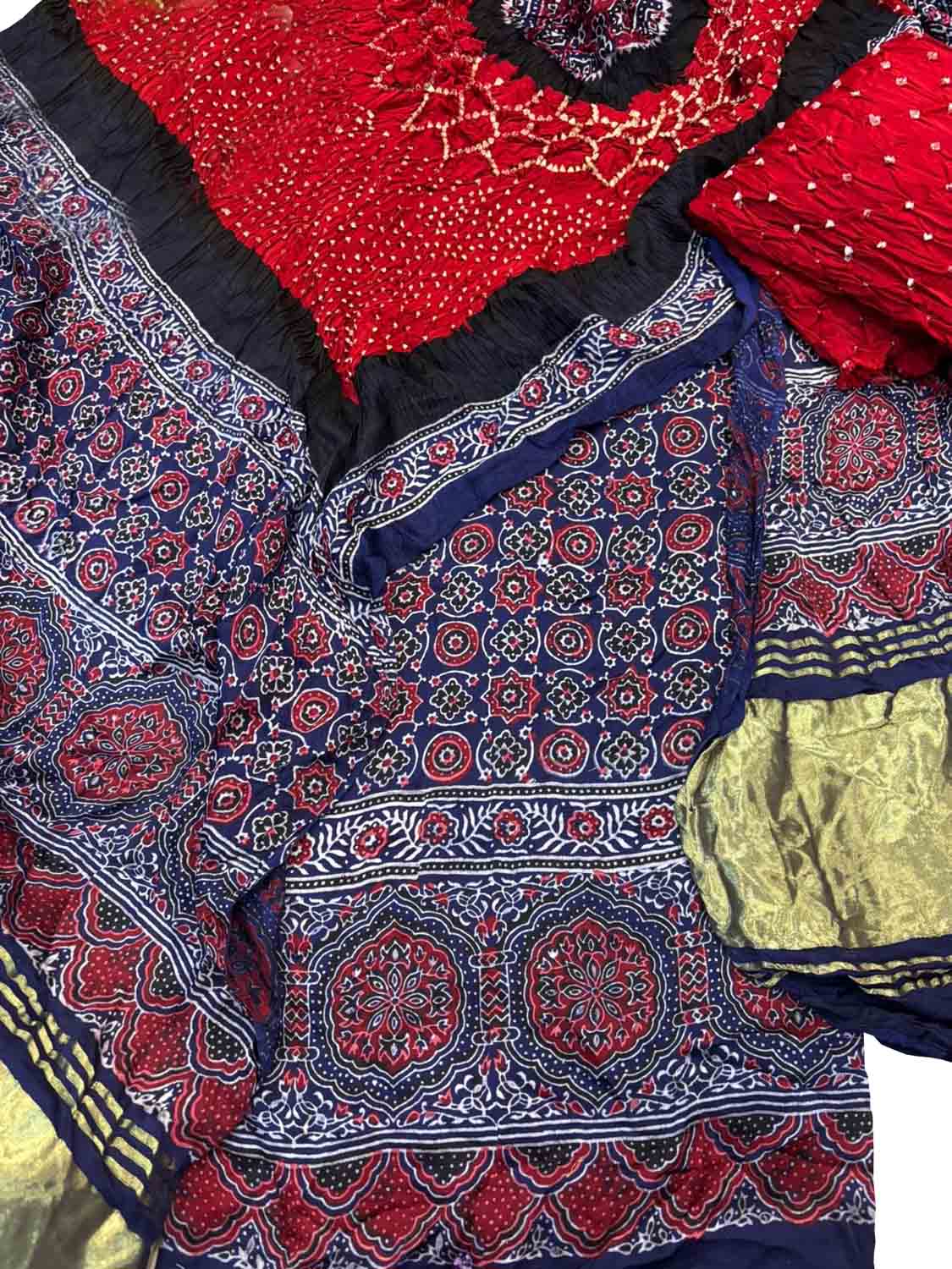 Red Ajrakh Modal Silk Suit With Hand Bandhej Dupatta And Bottom - Luxurion World