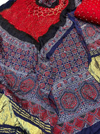 Red Ajrakh Modal Silk Suit With Hand Bandhej Dupatta And Bottom - Luxurion World
