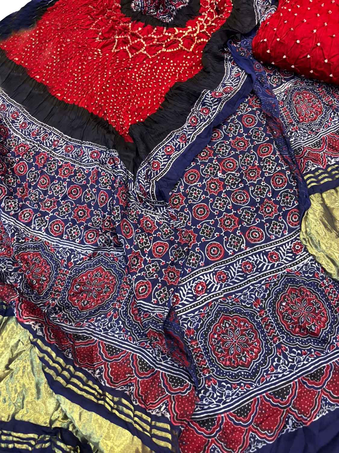 Red Ajrakh Modal Silk Suit With Hand Bandhej Dupatta And Bottom - Luxurion World