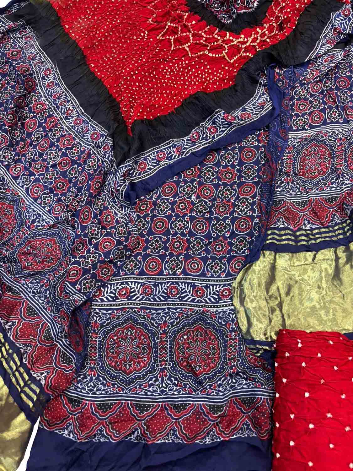 Red Ajrakh Modal Silk Suit With Hand Bandhej Dupatta And Bottom - Luxurion World