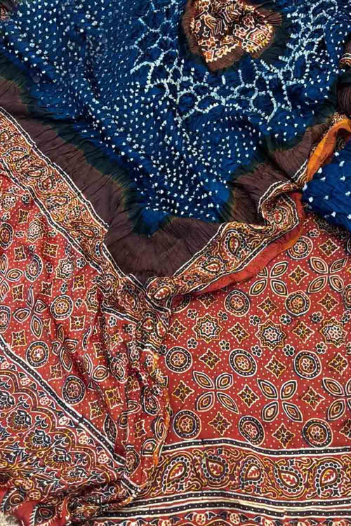 Blue Ajrakh Modal Silk Suit With Hand Bandhej Dupatta And Bottom - Luxurion World