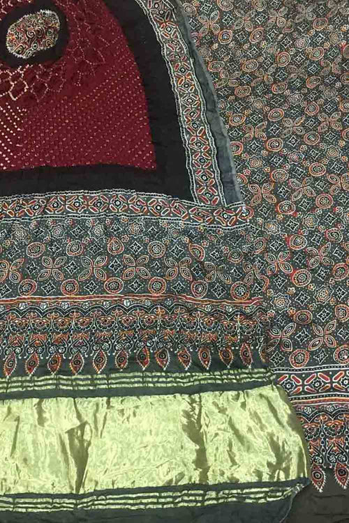 Maroon Ajrakh Modal Silk Suit With Hand Bandhej Dupatta And Bottom - Luxurion World