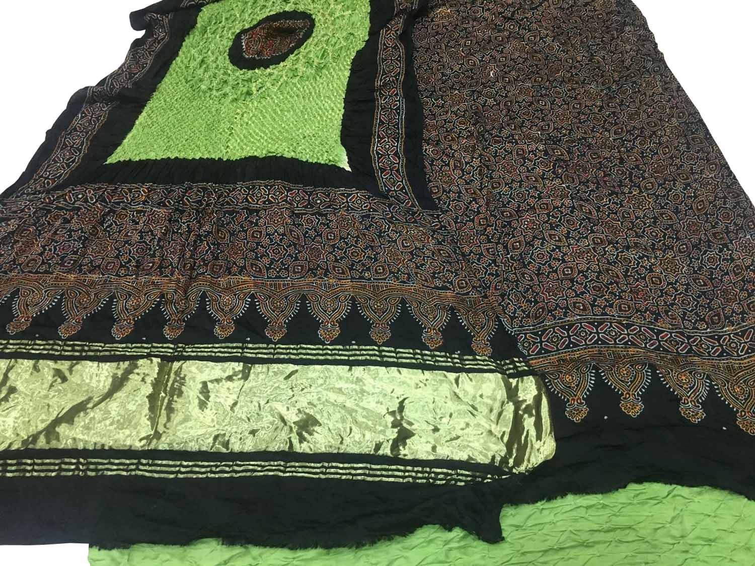 Green Ajrakh Modal Silk Suit With Hand Bandhej Dupatta And Bottom - Luxurion World