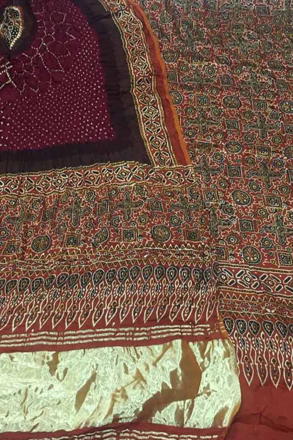 Maroon Ajrakh Modal Silk Suit With Hand Bandhej Dupatta And Bottom - Luxurion World