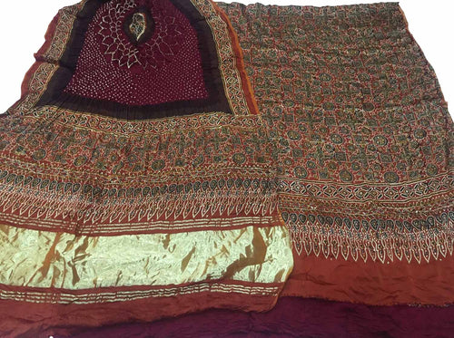 Maroon Ajrakh Modal Silk Suit With Hand Bandhej Dupatta And Bottom - Luxurion World