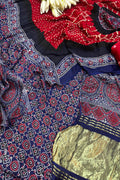 Red Ajrakh Bandhani Modal Gajji Silk Three Piece Unstitched Suit Set
