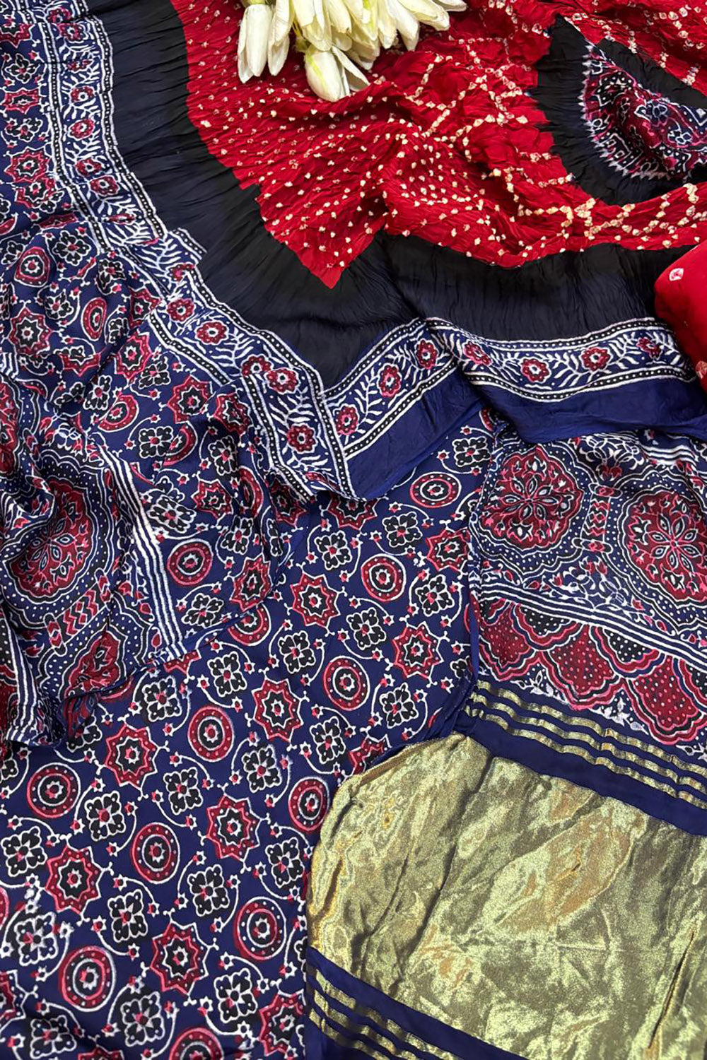 Red Ajrakh Bandhani Modal Gajji Silk Three Piece Unstitched Suit Set
