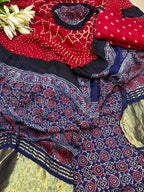 Red Ajrakh Bandhani Modal Gajji Silk Three Piece Unstitched Suit Set