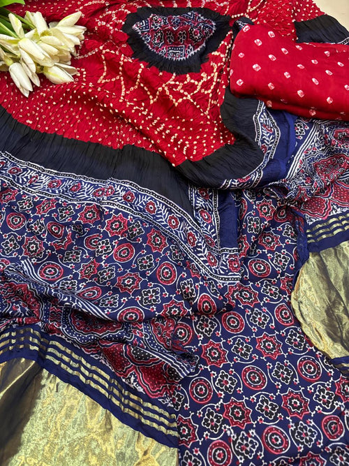 Red Ajrakh Bandhani Modal Gajji Silk Three Piece Unstitched Suit Set