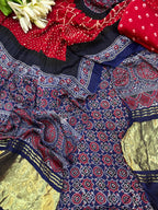 Red Ajrakh Bandhani Modal Gajji Silk Three Piece Unstitched Suit Set