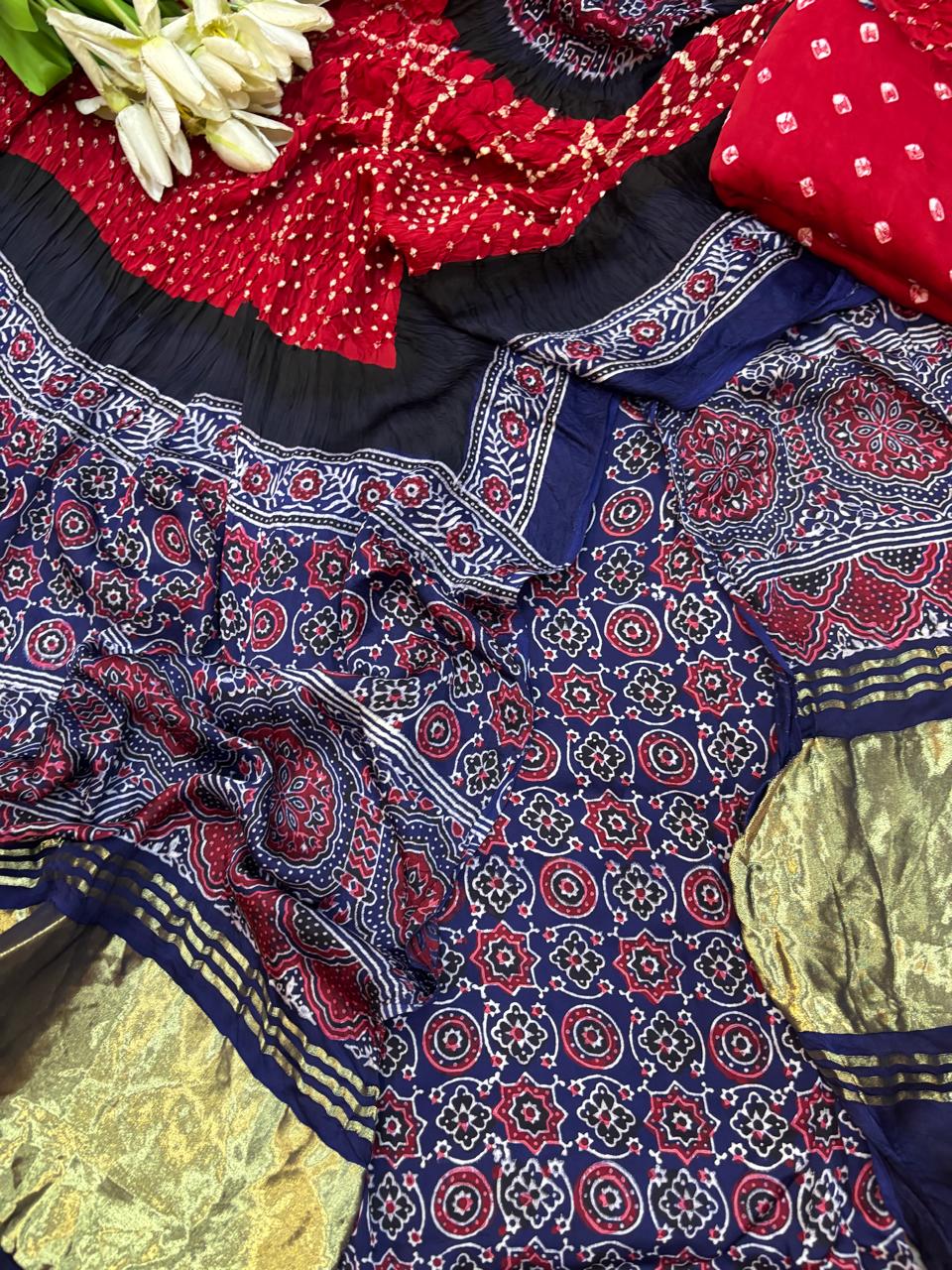 Red Ajrakh Bandhani Modal Gajji Silk Three Piece Unstitched Suit Set
