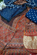 Blue And Orange Ajrakh Bandhani Modal Gajji Silk Three Piece Unstitched Suit Set