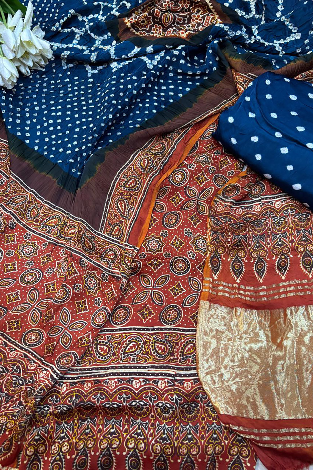 Blue And Orange Ajrakh Bandhani Modal Gajji Silk Three Piece Unstitched Suit Set