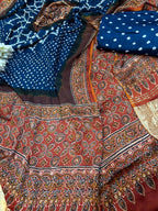 Blue And Orange Ajrakh Bandhani Modal Gajji Silk Three Piece Unstitched Suit Set