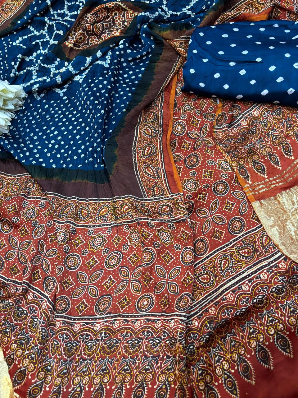 Blue And Orange Ajrakh Bandhani Modal Gajji Silk Three Piece Unstitched Suit Set