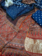 Blue And Orange Ajrakh Bandhani Modal Gajji Silk Three Piece Unstitched Suit Set