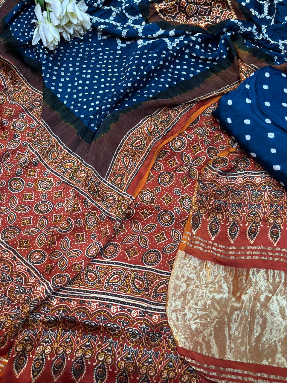 Blue And Orange Ajrakh Bandhani Modal Gajji Silk Three Piece Unstitched Suit Set