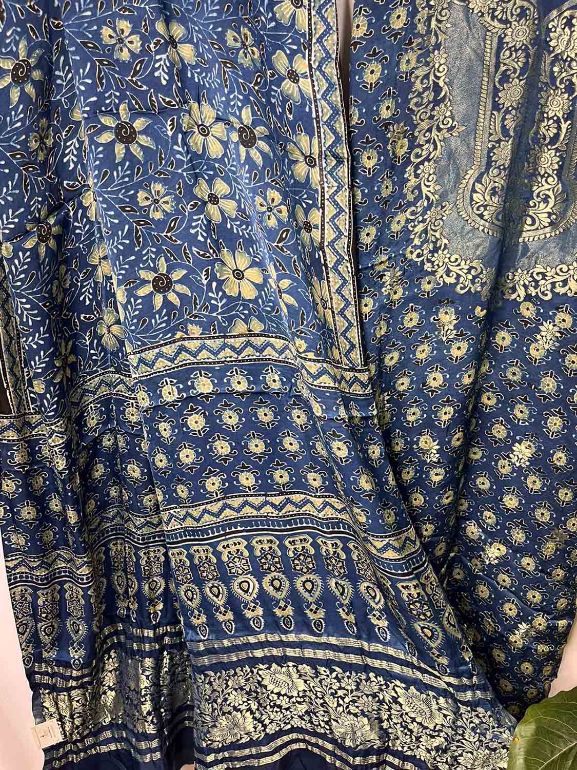 Stunning Blue Ajrakh Block Printed Pure Modal Silk Unstitched Two Piece Suit Set - Luxurion World