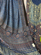 Blue Ajrakh Block Printed Pure Modal Silk Unstitched Two Piece Suit Set - Luxurion World