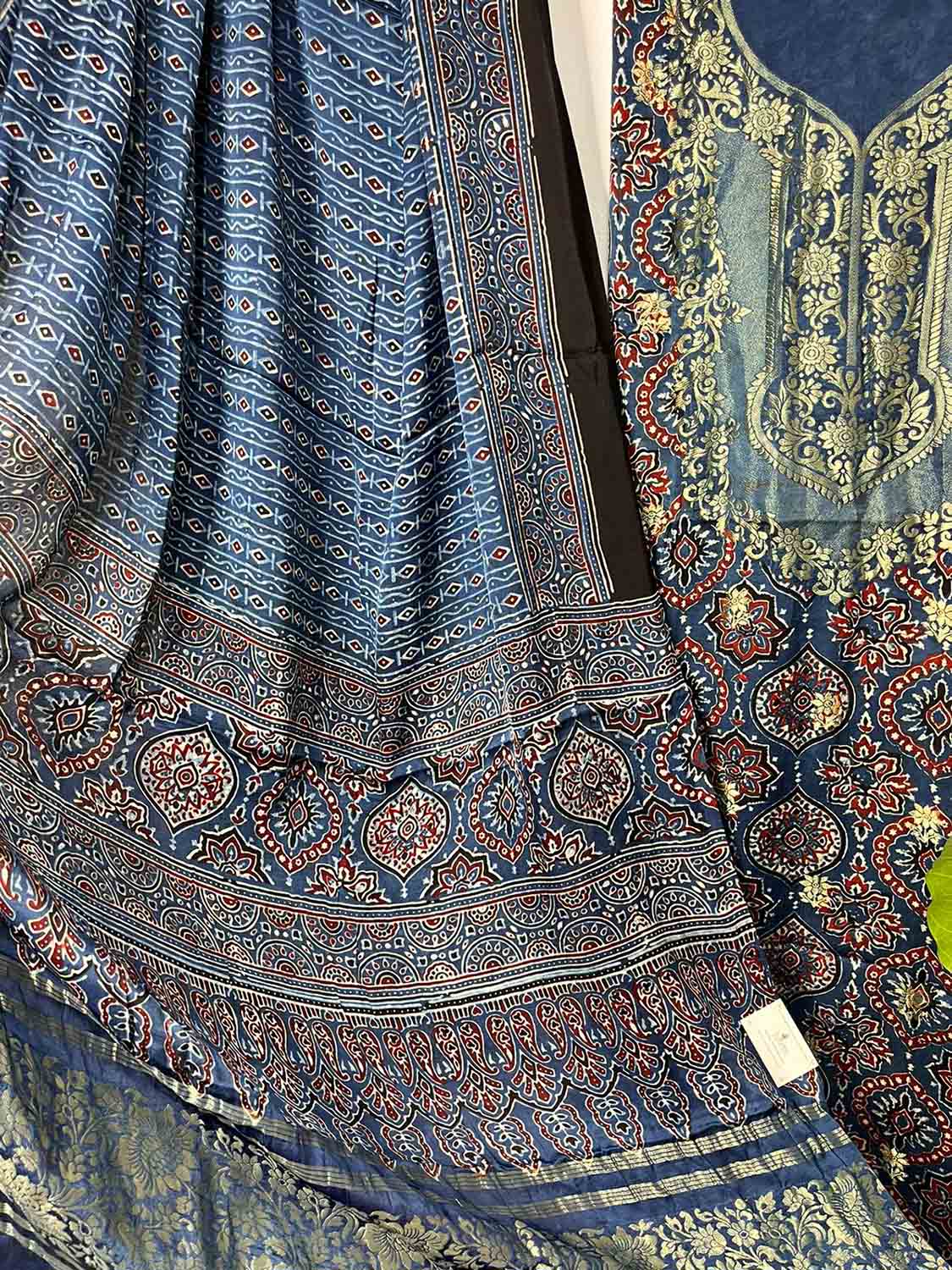 Blue Ajrakh Block Printed Pure Modal Silk Unstitched Two Piece Suit Set - Luxurion World
