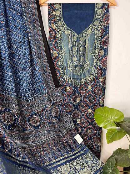 Blue Ajrakh Block Printed Pure Modal Silk Unstitched Two Piece Suit Set - Luxurion World