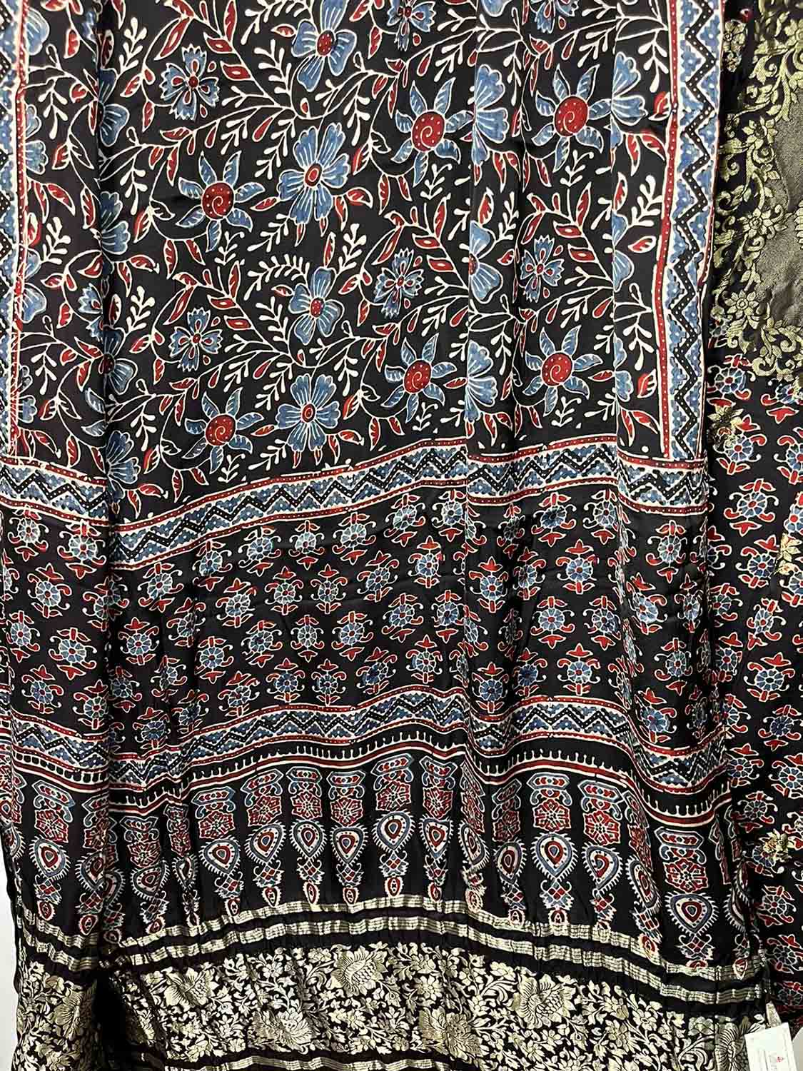 Elegant Black Ajrakh Block Printed Pure Modal Silk Unstitched Two Piece Suit Set - Luxurion World