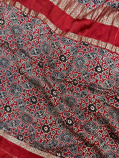 Red Ajrakh Block Printed Pure Modal Silk Unstitched Two Piece Suit Set - Luxurion World