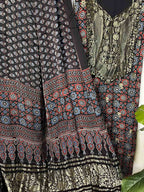 Black Ajrakh Block Printed Pure Modal Silk Unstitched Two Piece Suit Set - Luxurion World