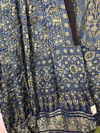 Blue Ajrakh Block Printed Pure Modal Silk Unstitched Two Piece Suit Set - Luxurion World