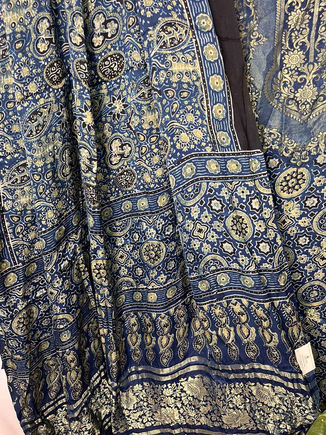 Blue Ajrakh Block Printed Pure Modal Silk Unstitched Two Piece Suit Set - Luxurion World