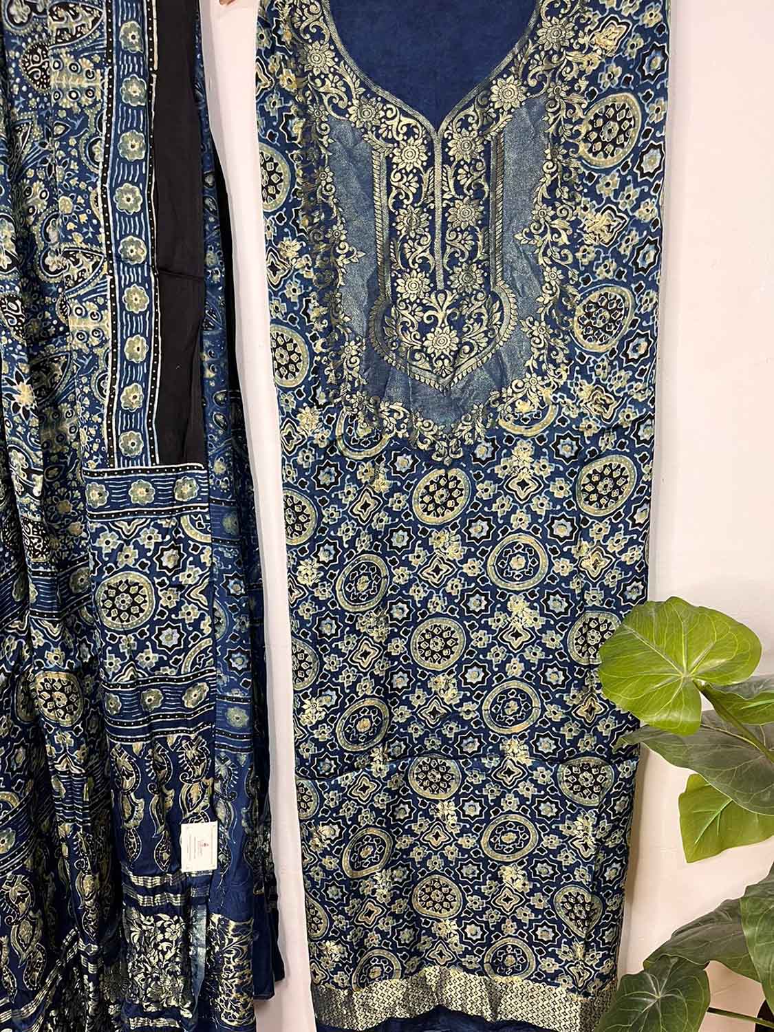 Blue Ajrakh Block Printed Pure Modal Silk Unstitched Two Piece Suit Set - Luxurion World