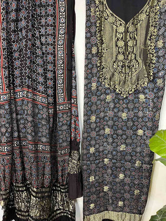 Charcoal & Blush Marble-Wave Hand-Block Ajrakh Cotton Unstitched 3-Piece Suit Set main image 1