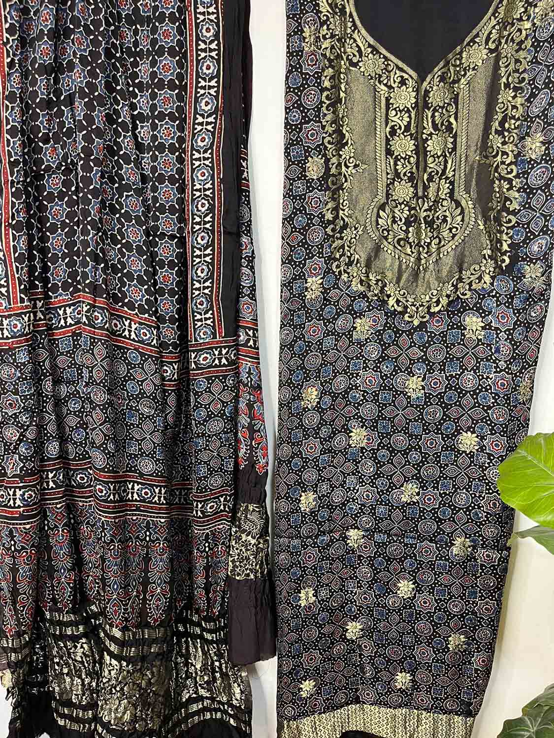 Black Ajrakh Block Printed Pure Modal Silk Unstitched Two Piece Suit Set - Luxurion World
