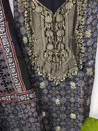 Black Ajrakh Block Printed Pure Modal Silk Unstitched Two Piece Suit Set - Luxurion World