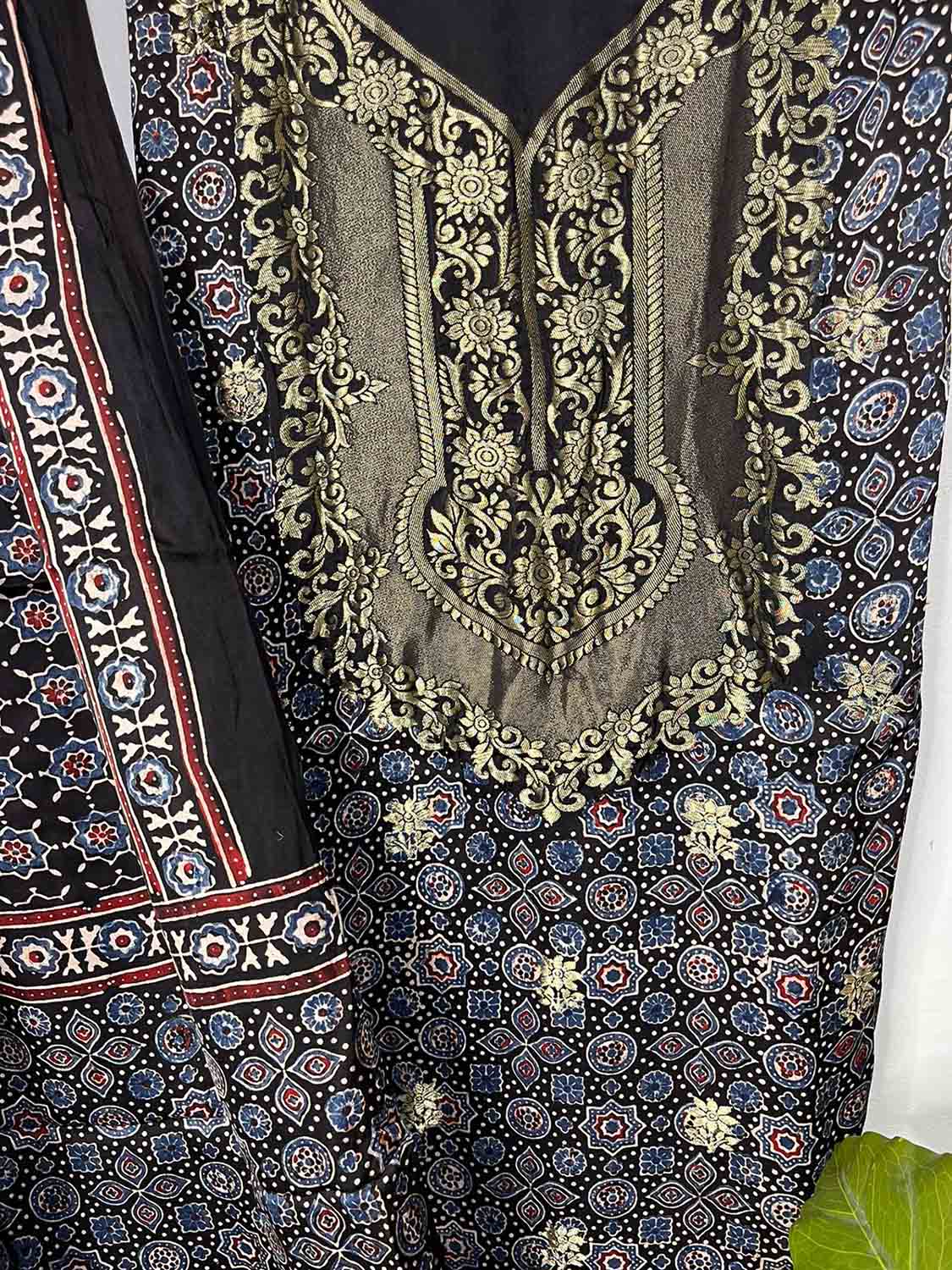 Black Ajrakh Block Printed Pure Modal Silk Unstitched Two Piece Suit Set - Luxurion World