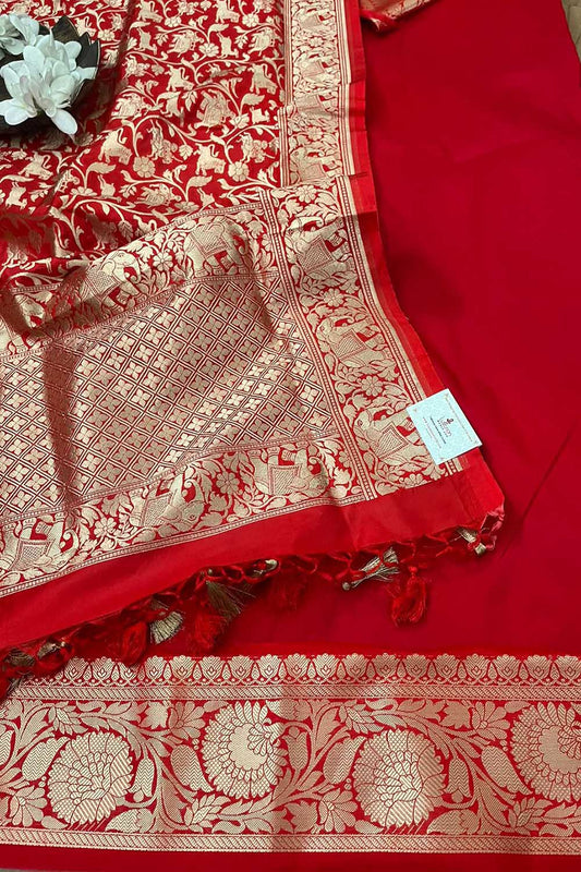 Beautiful Red Banarasi Silk Three Piece Unstitched Suit Set - Luxurion World