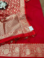 Beautiful Red Banarasi Silk Three Piece Unstitched Suit Set - Luxurion World