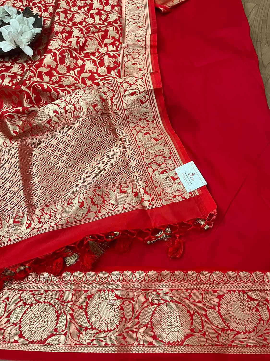 Beautiful Red Banarasi Silk Three Piece Unstitched Suit Set - Luxurion World
