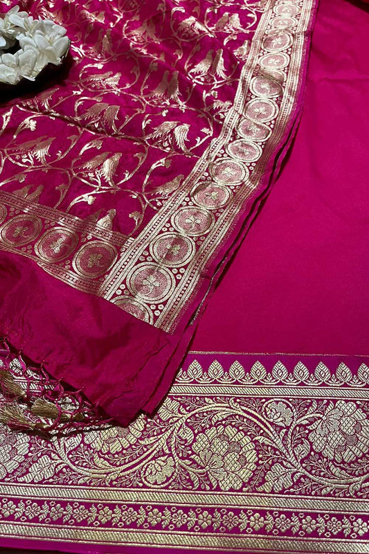Graceful Pink Banarasi Silk Three Piece Unstitched Suit Set - Luxurion World