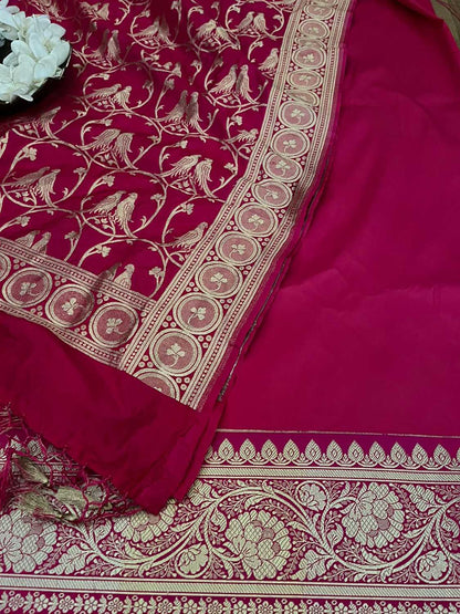 Graceful Pink Banarasi Silk Three Piece Unstitched Suit Set - Luxurion World