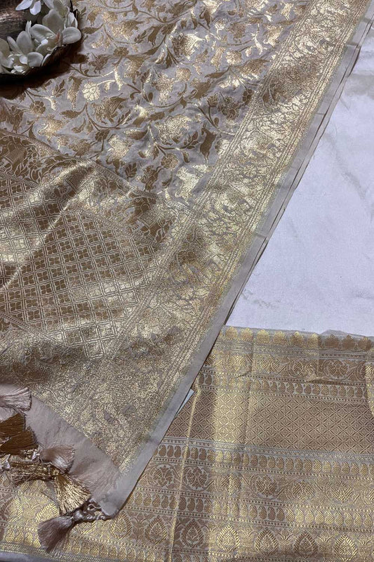 Stunning White Banarasi Silk Three Piece Unstitched Suit Set