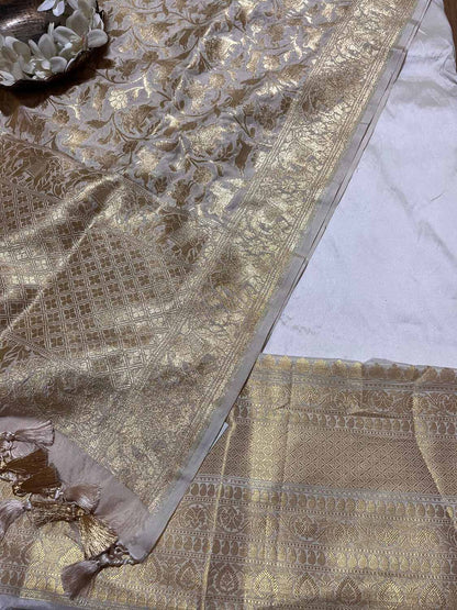 Stunning White Banarasi Silk Three Piece Unstitched Suit Set - Luxurion World