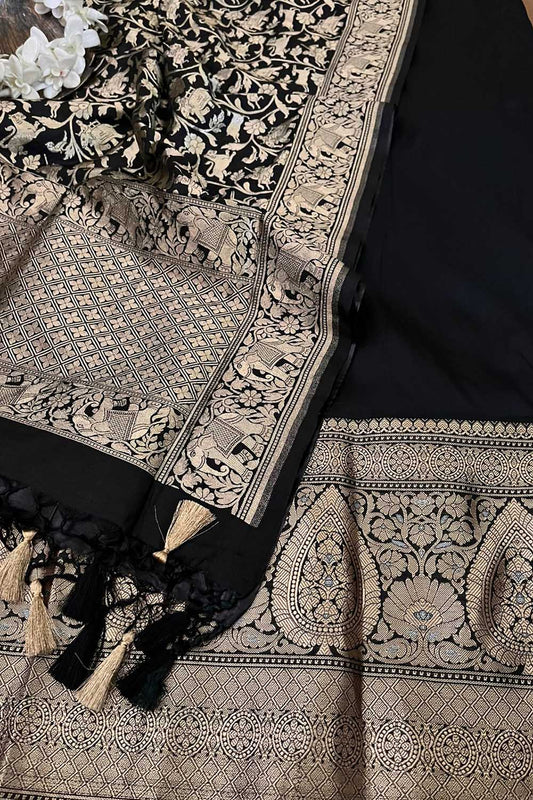 Graceful Black Banarasi Silk Three Piece Unstitched Suit Set - Luxurion World