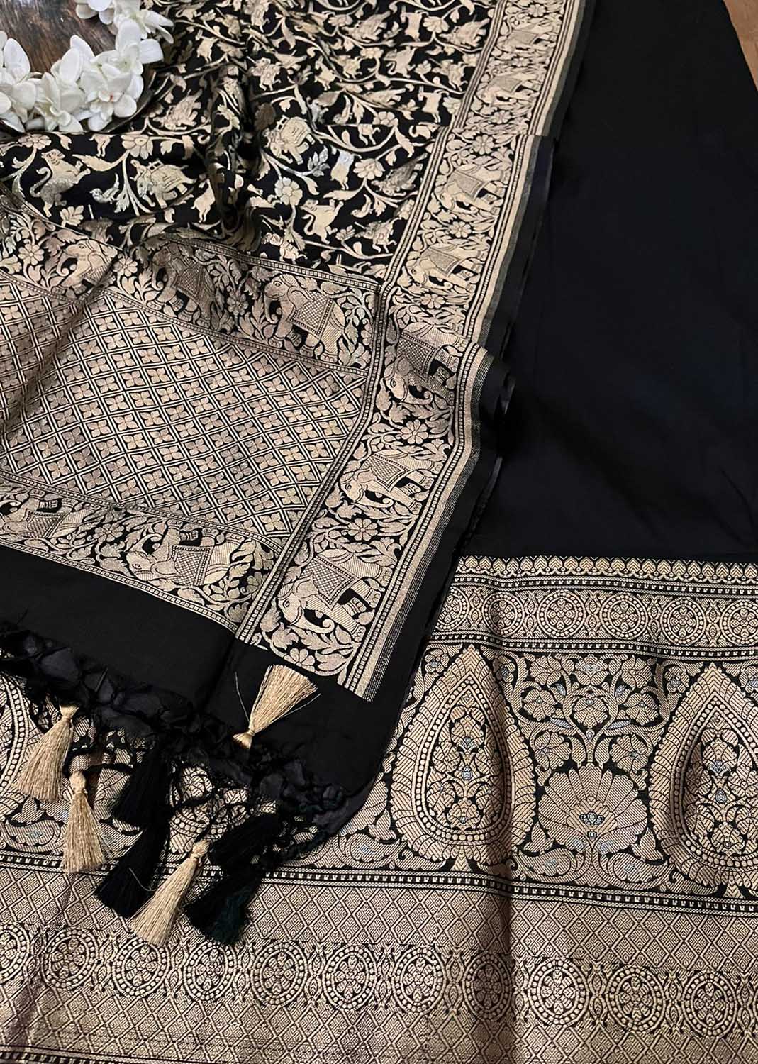 Graceful Black Banarasi Silk Three Piece Unstitched Suit Set - Luxurion World