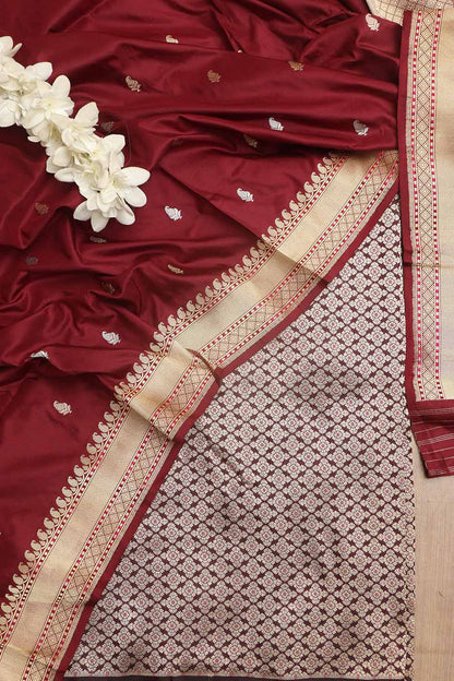Elegant Maroon Banarasi Handloom Pure Katan Silk Suit With Banarasi Handloom Pure Katan Silk Dupatta - Luxurion World