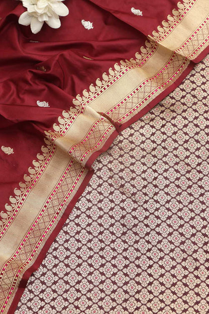 Elegant Maroon Banarasi Handloom Pure Katan Silk Suit With Banarasi Handloom Pure Katan Silk Dupatta - Luxurion World