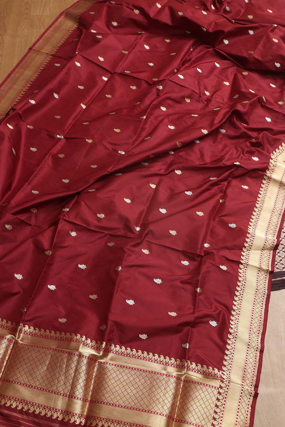 Elegant Maroon Banarasi Handloom Pure Katan Silk Suit With Banarasi Handloom Pure Katan Silk Dupatta - Luxurion World