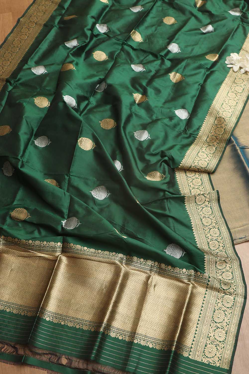 Stunning Blue Chanderi Handloom Plain Tissue Silk Suit With Banarasi Handloom Pure Katan Silk Dupatta - Luxurion World