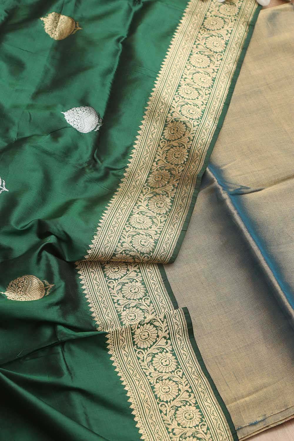 Stunning Blue Chanderi Handloom Plain Tissue Silk Suit With Banarasi Handloom Pure Katan Silk Dupatta - Luxurion World